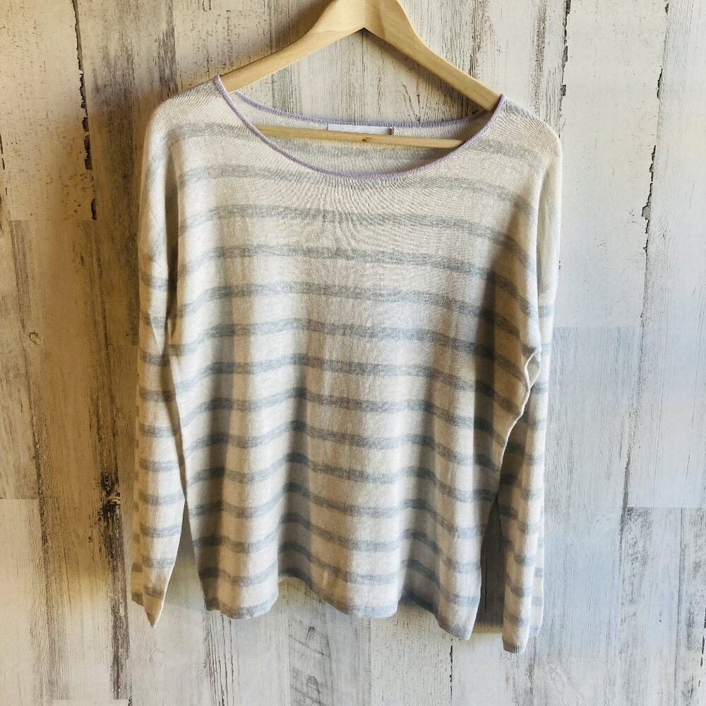 NWOT One Grey Day Cotton Linen Blend Sweater XS Knit Top Stripe Cream Gray Lilac